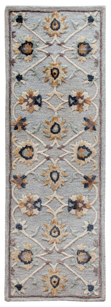 3' Beige And Blue Wool Floral Hand Woven Round Rug