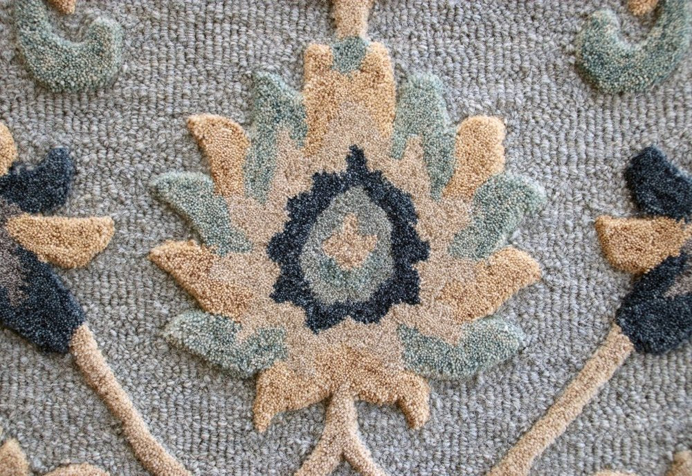 3' Beige And Blue Wool Floral Hand Woven Round Rug