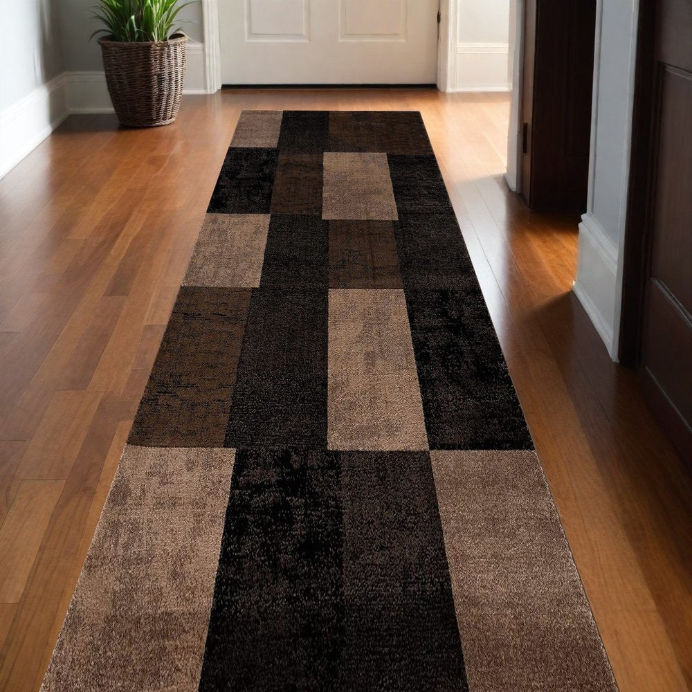 13' Brown And Black Geometric Shag Runner Rug