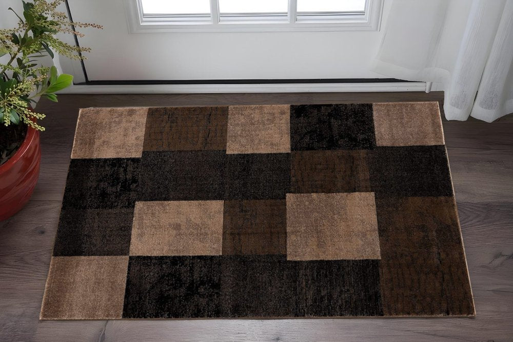 2' X 6' Brown Geometric Blocks Area Rug
