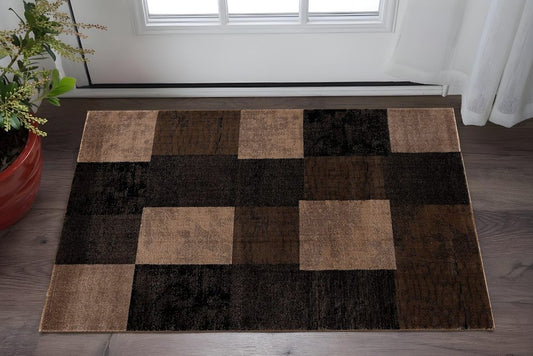 2' X 6' Brown Geometric Blocks Area Rug