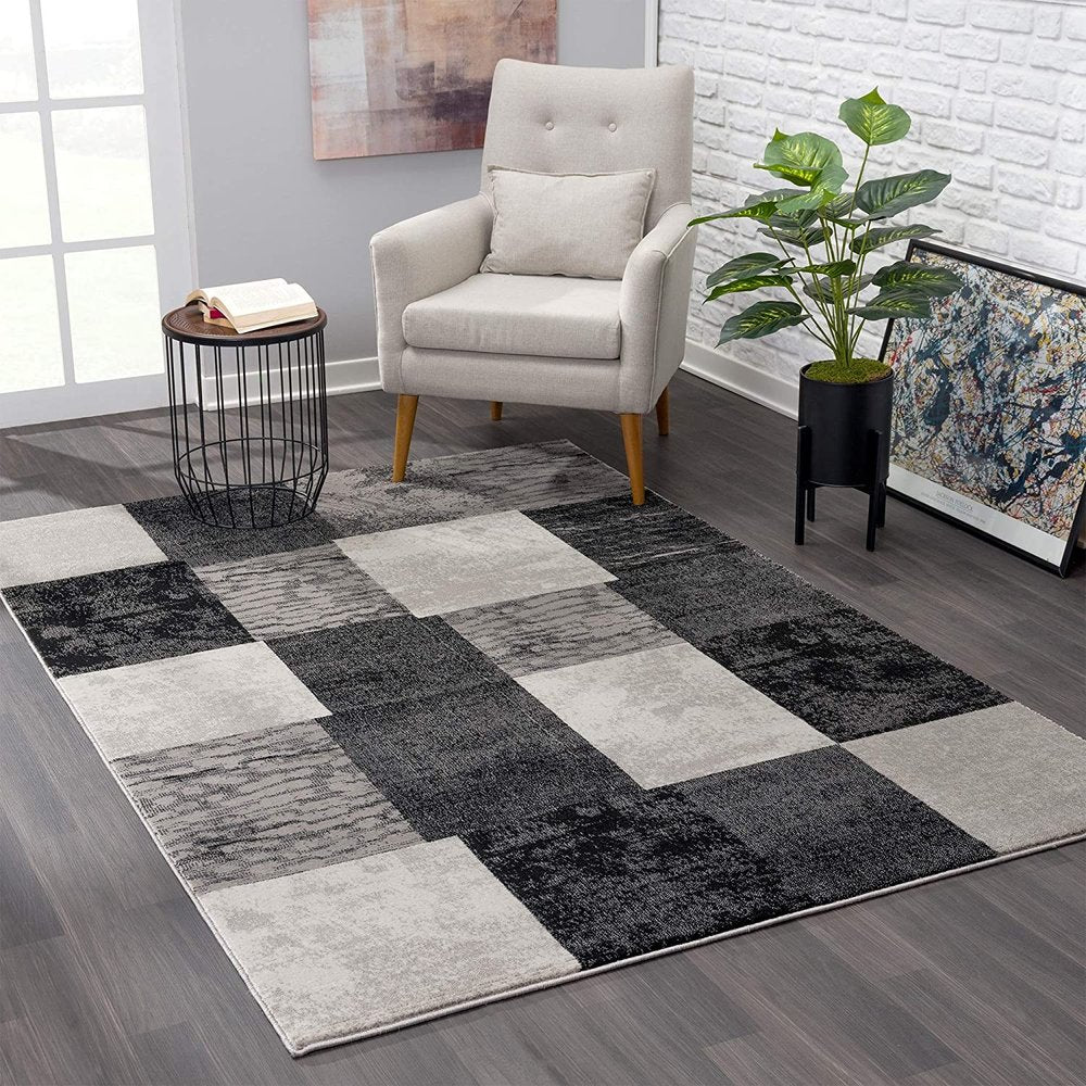 2' X 6' Gray Geometric Blocks Area Rug