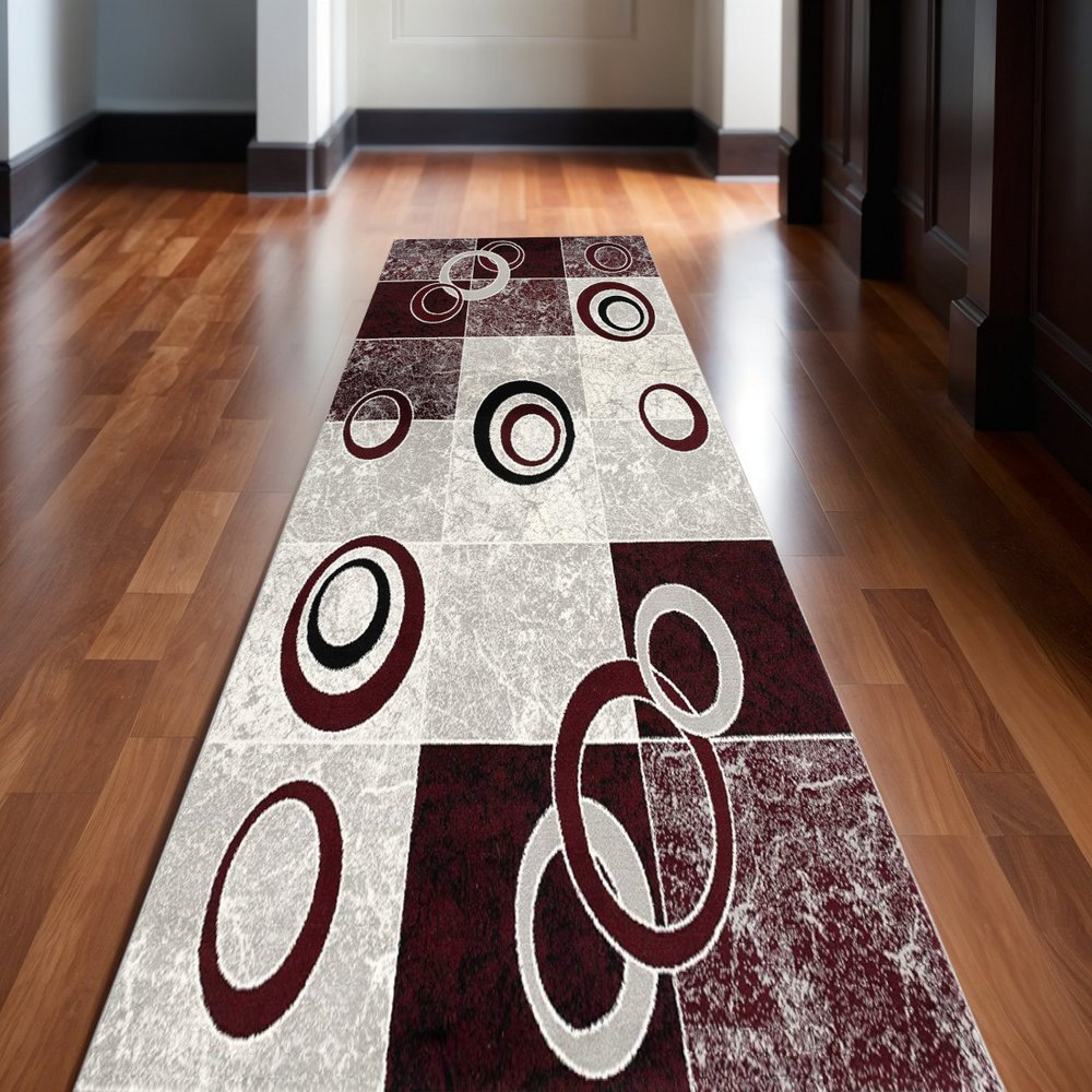 10' Red And White Abstract Runner Rug