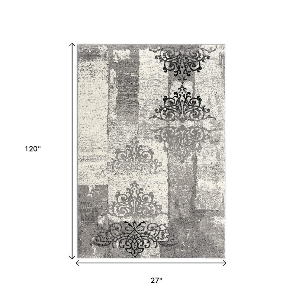 4' X 6' Gray And Ivory Damask Distressed Area Rug