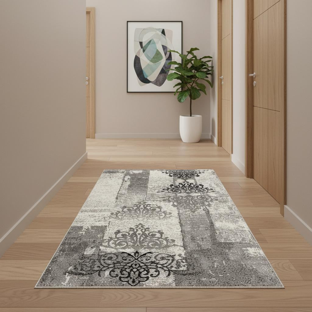 4' X 6' Gray And Ivory Damask Distressed Area Rug