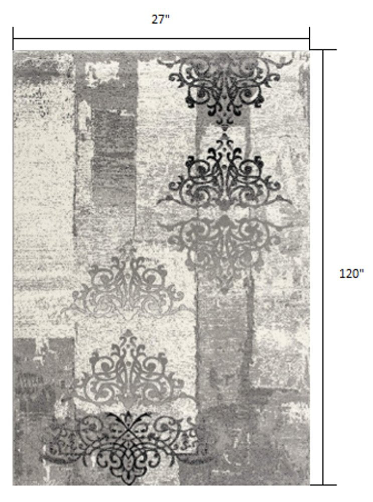 4' X 6' Gray And Ivory Damask Distressed Area Rug