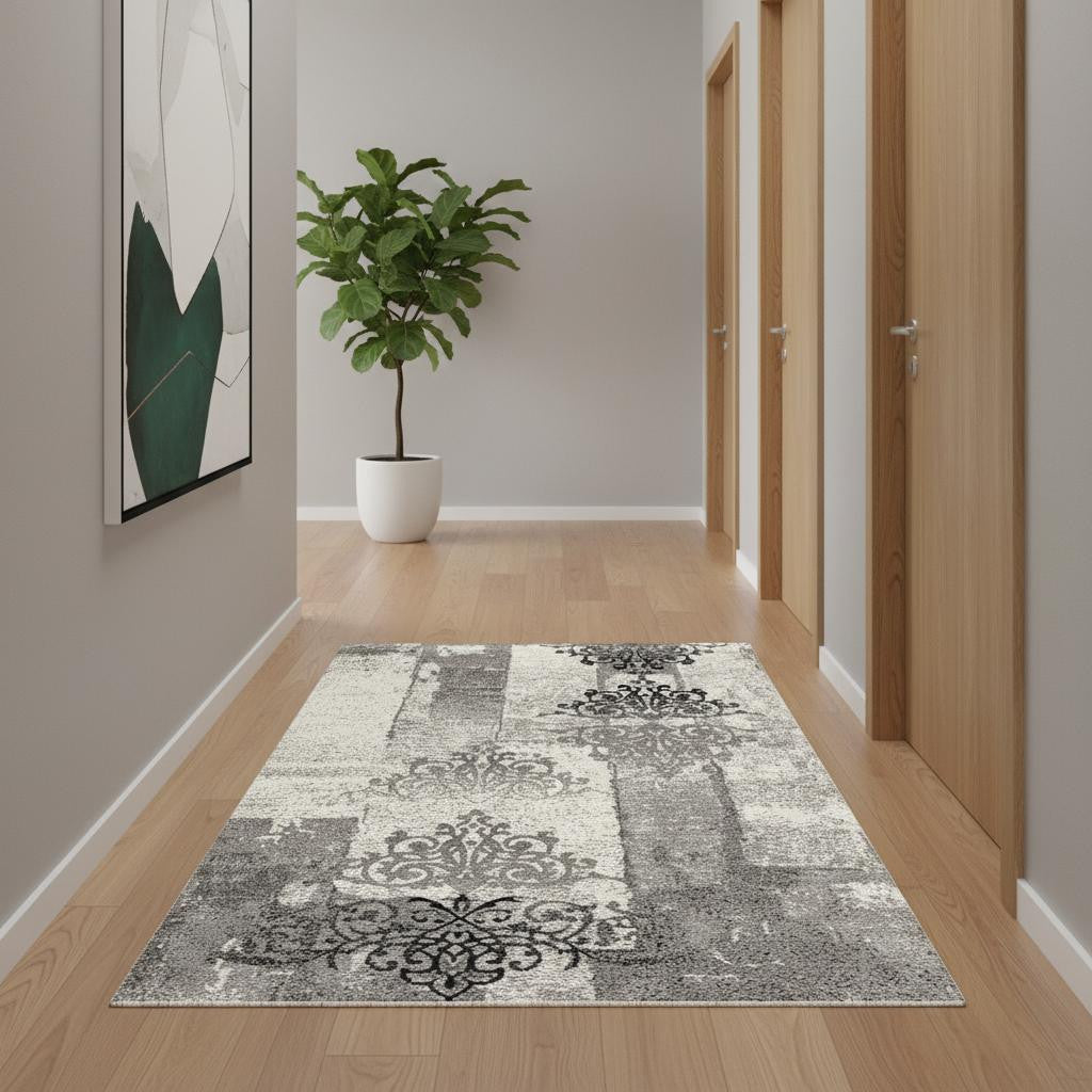 4' X 6' Gray And Ivory Damask Distressed Area Rug