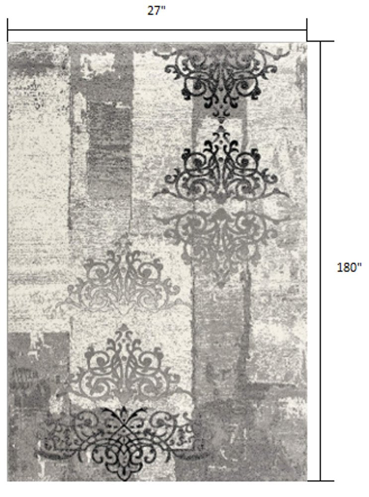4' X 6' Gray And Ivory Damask Distressed Area Rug