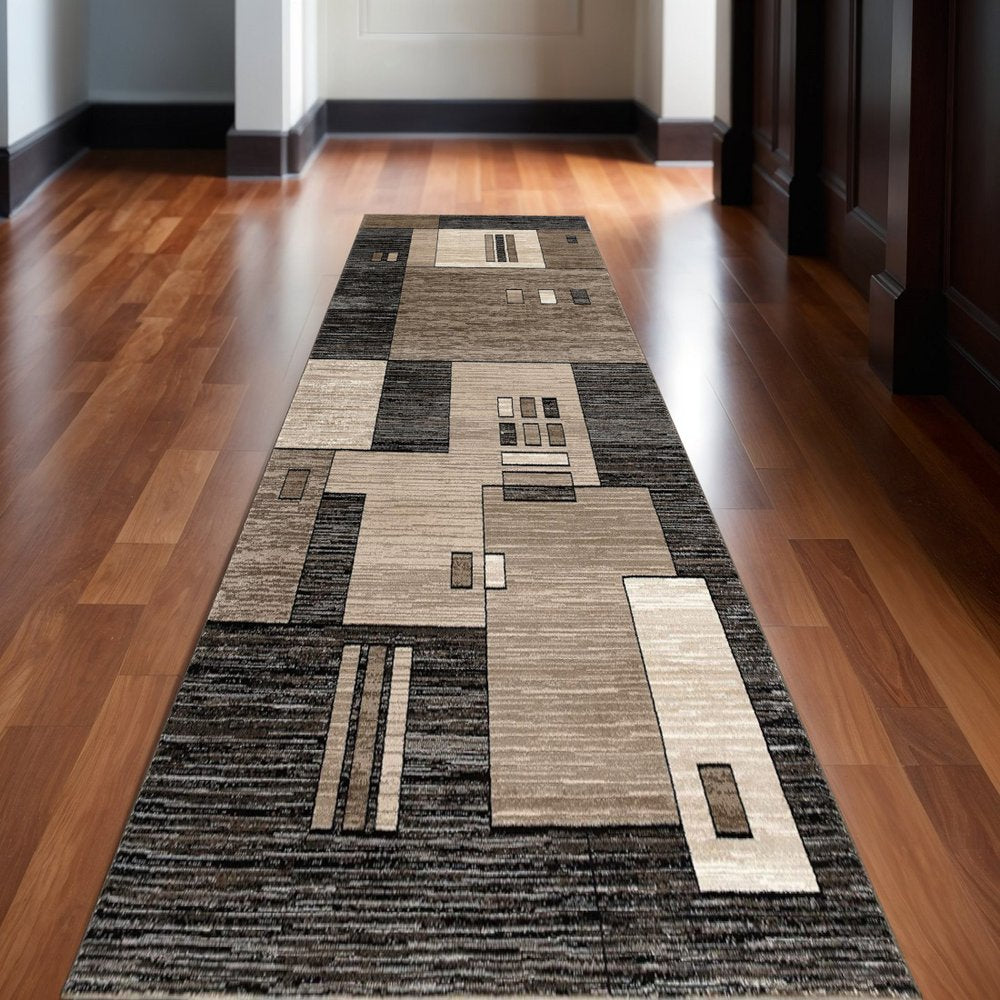8' Beige Abstract Power Loom Runner Rug