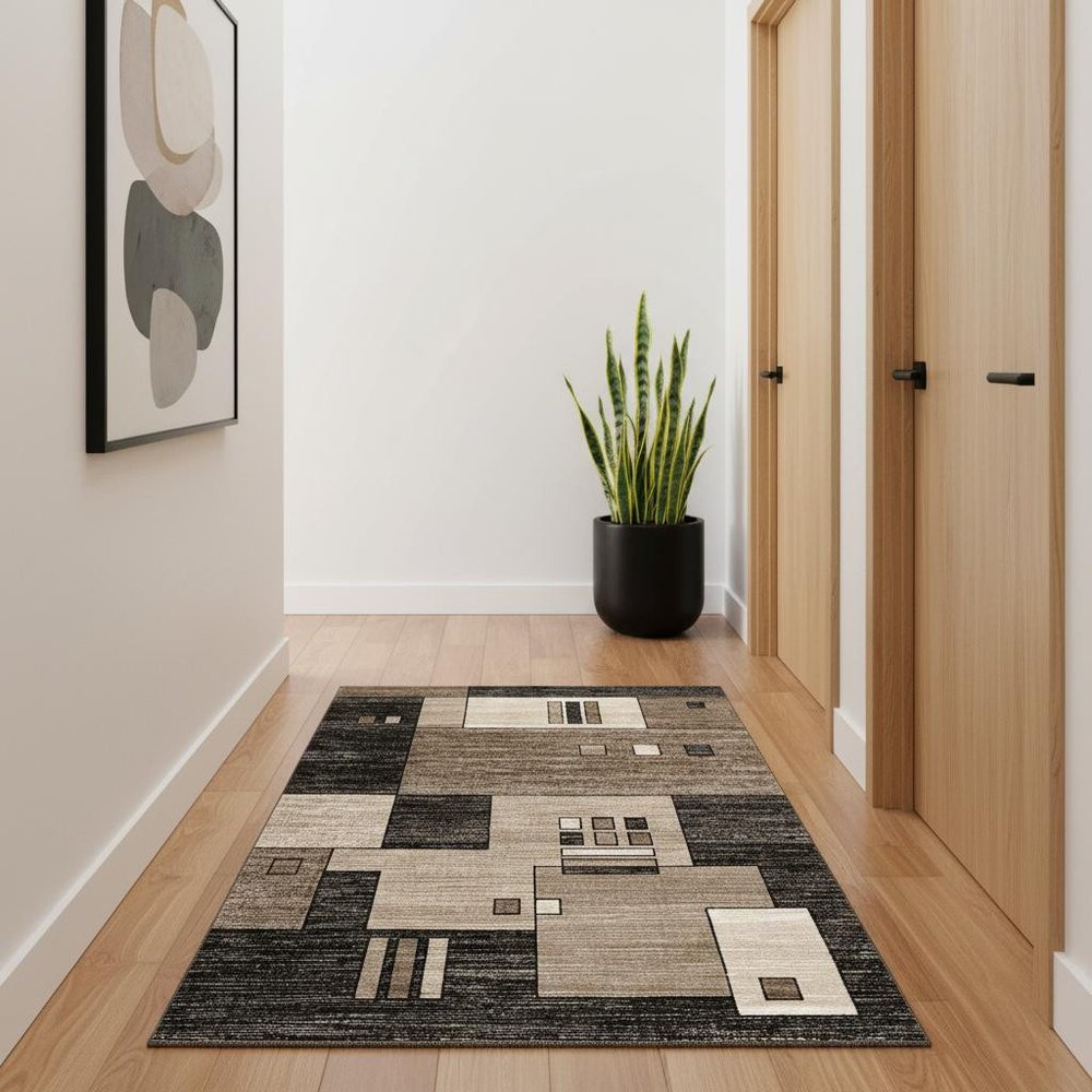8' Beige Abstract Power Loom Runner Rug