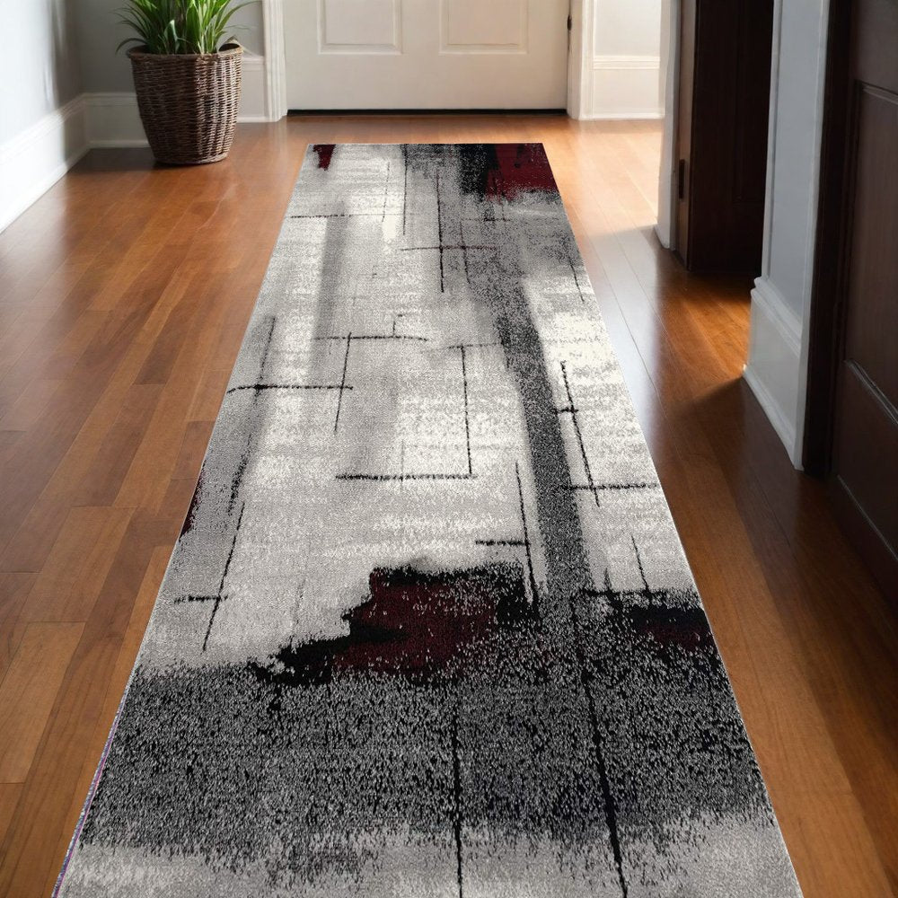 10' Black Burgundy And Gray Abstract Runner Rug