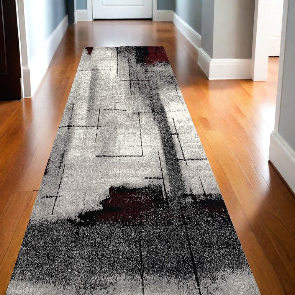 10' Black Burgundy And Gray Abstract Runner Rug