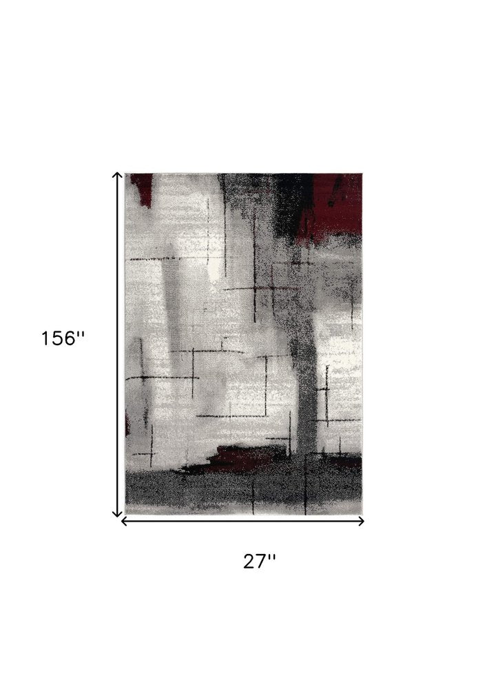 10' Black Burgundy And Gray Abstract Runner Rug