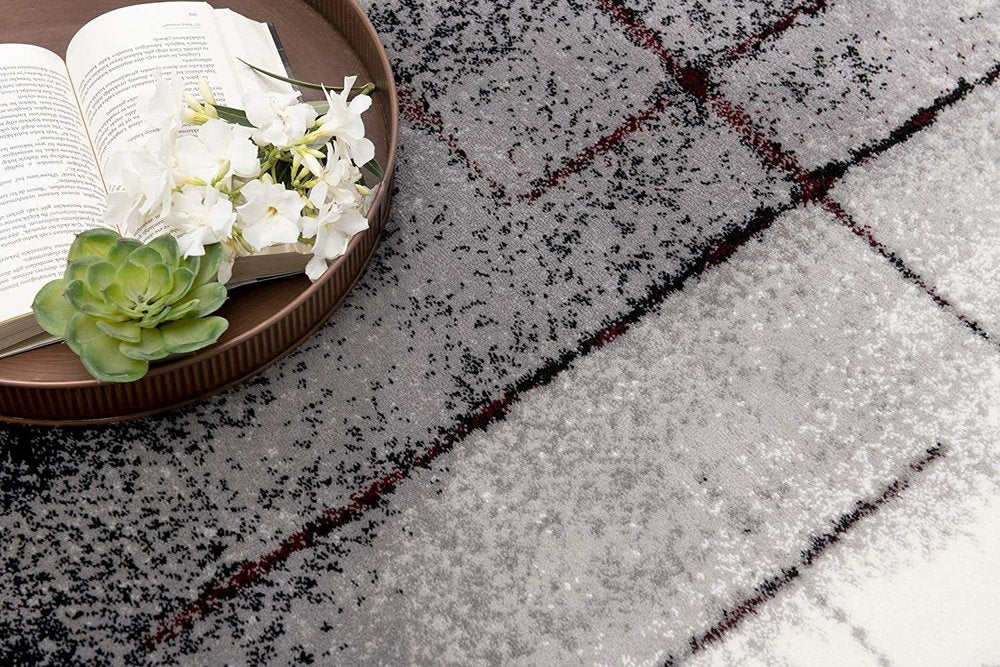 10' Black Burgundy And Gray Abstract Runner Rug