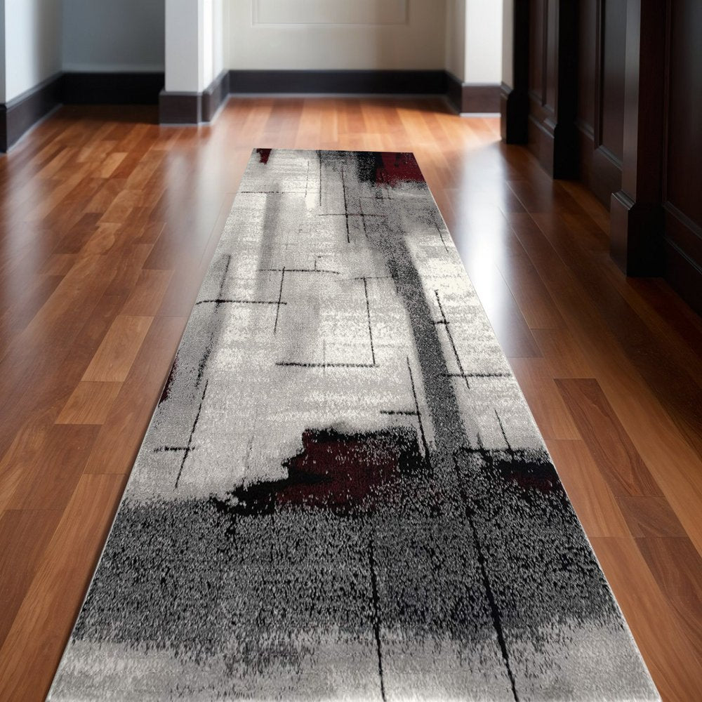 10' Black Burgundy And Gray Abstract Runner Rug
