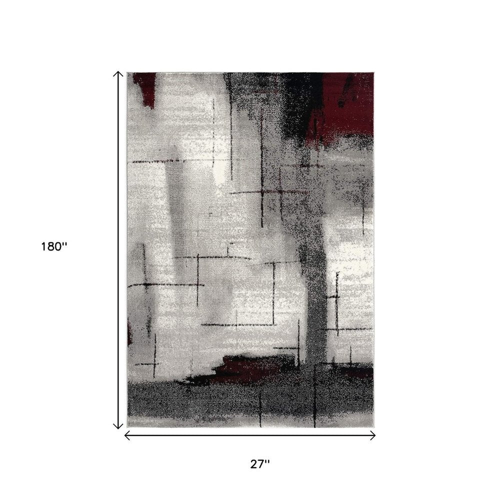 10' Black Burgundy And Gray Abstract Runner Rug