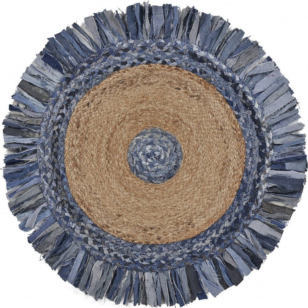 4' Beige And Blue Abstract Geometric Hand Woven Round Rug