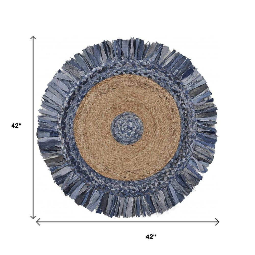 4' Beige And Blue Abstract Geometric Hand Woven Round Rug