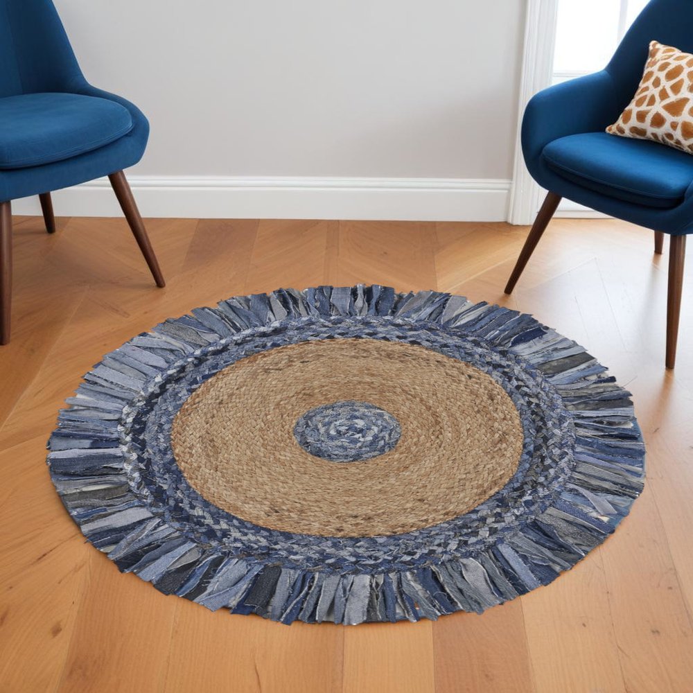 4' Beige And Blue Abstract Geometric Hand Woven Round Rug