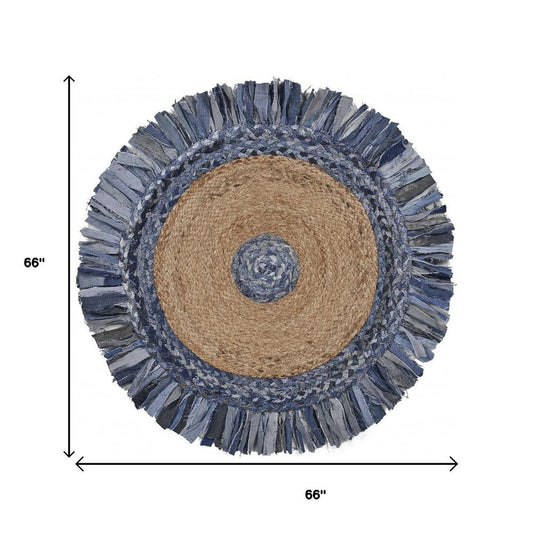 4' Beige And Blue Abstract Geometric Hand Woven Round Rug