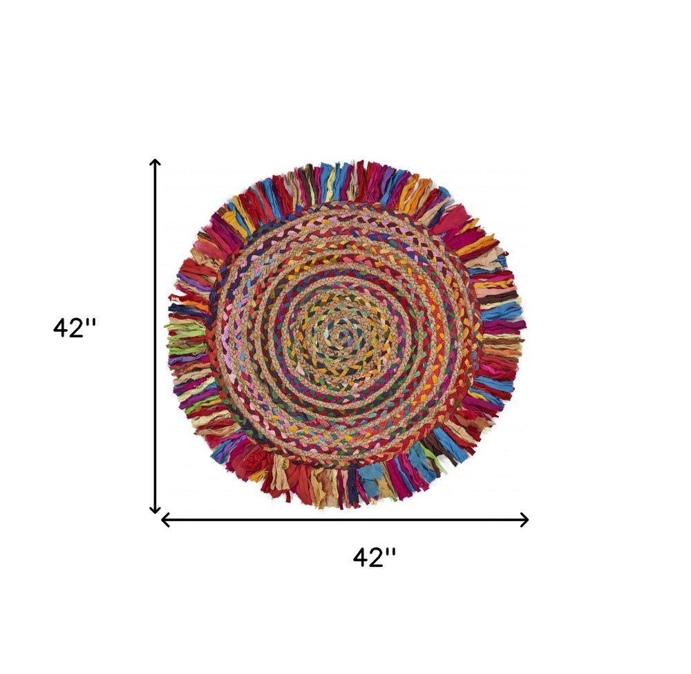 4' Rainbow Abstract Geometric Hand Woven Round Rug With Fringe