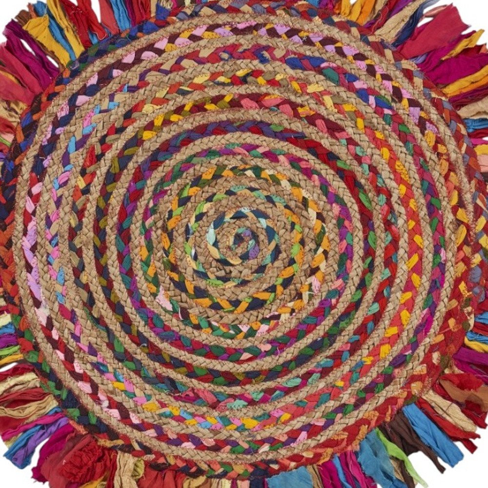 4' Rainbow Abstract Geometric Hand Woven Round Rug With Fringe