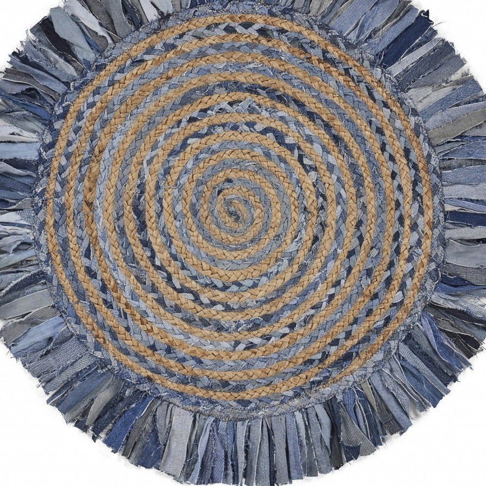 6' Beige And Blue Abstract Geometric Hand Woven Round Rug