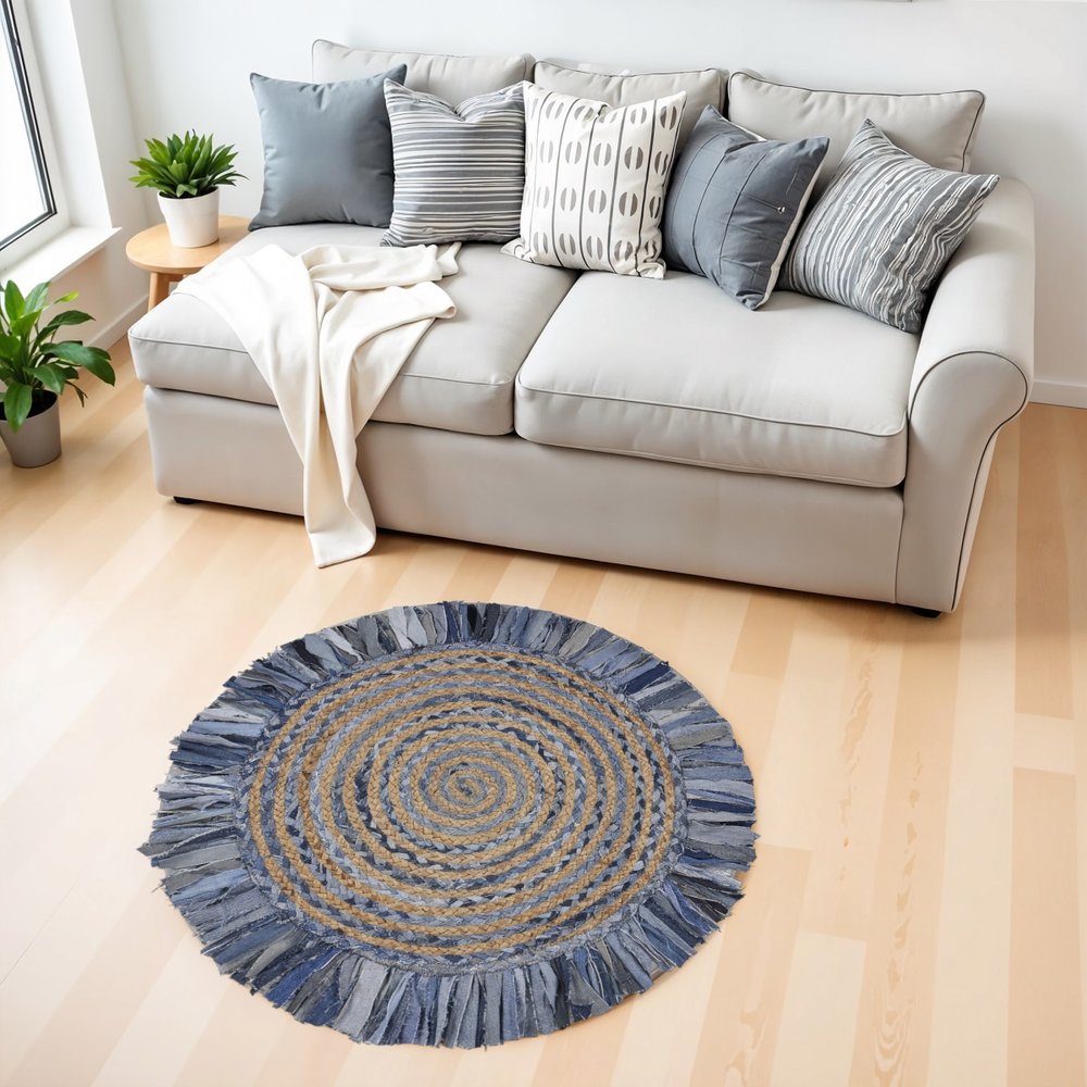 6' Beige And Blue Abstract Geometric Hand Woven Round Rug