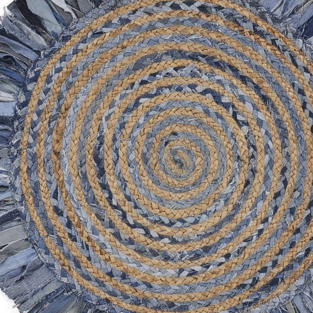 6' Beige And Blue Abstract Geometric Hand Woven Round Rug