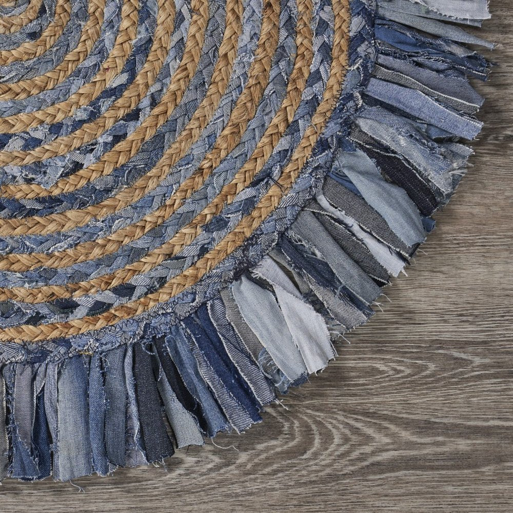 6' Beige And Blue Abstract Geometric Hand Woven Round Rug
