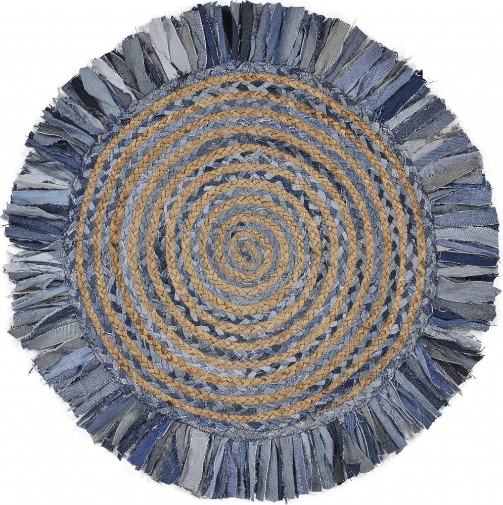 6' Beige And Blue Abstract Geometric Hand Woven Round Rug