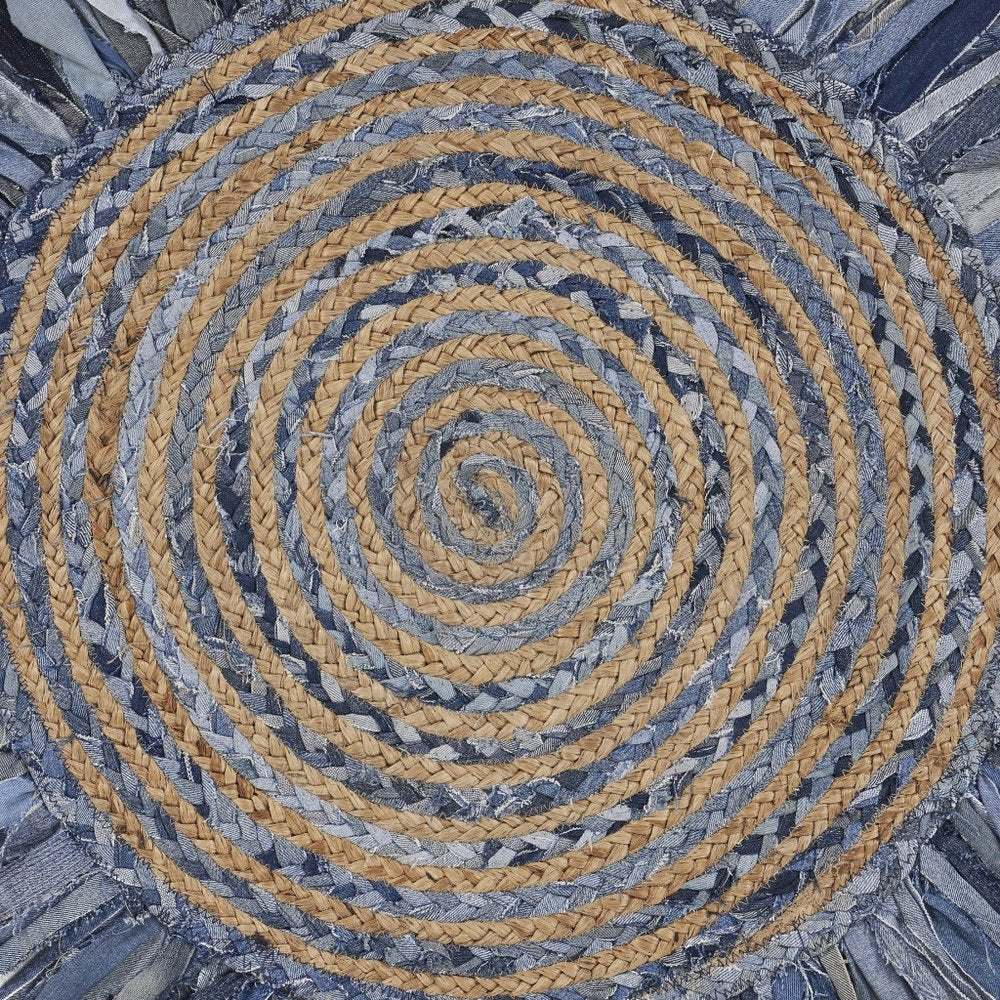 6' Beige And Blue Abstract Geometric Hand Woven Round Rug