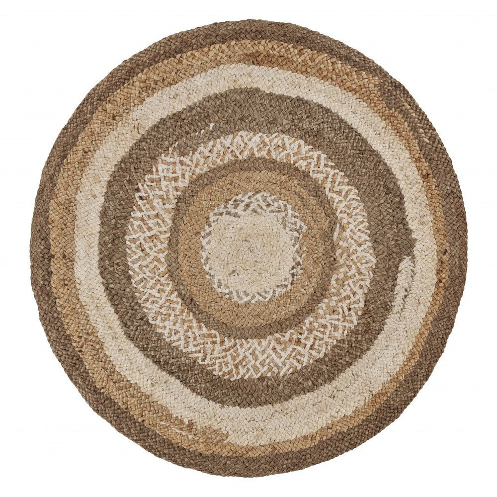 6' Beige Jute Abstract Geometric Hand Braided Round Rug