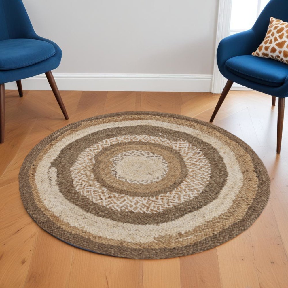 6' Beige Jute Abstract Geometric Hand Braided Round Rug