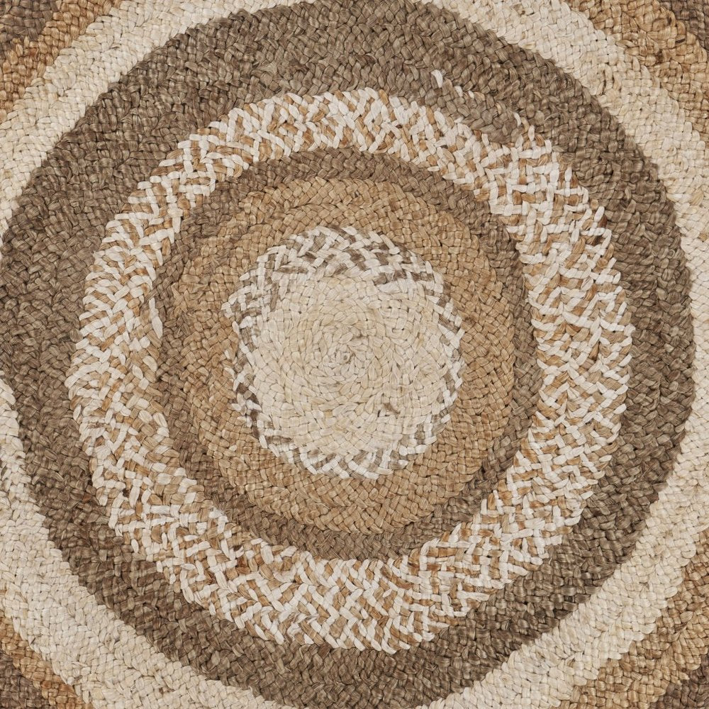 6' Beige Jute Abstract Geometric Hand Braided Round Rug