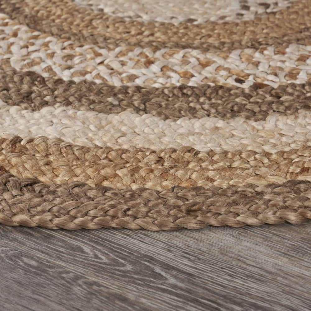 6' Beige Jute Abstract Geometric Hand Braided Round Rug