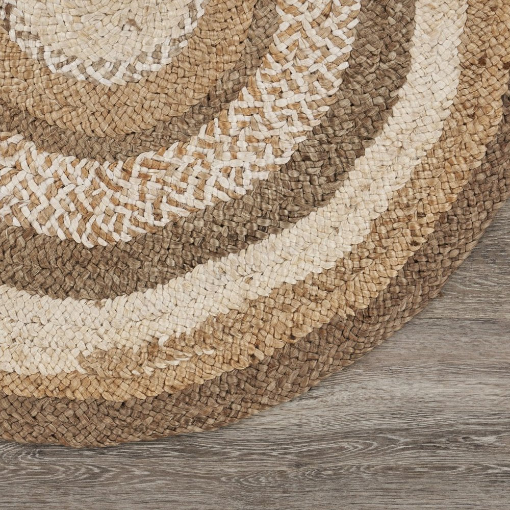 6' Beige Jute Abstract Geometric Hand Braided Round Rug