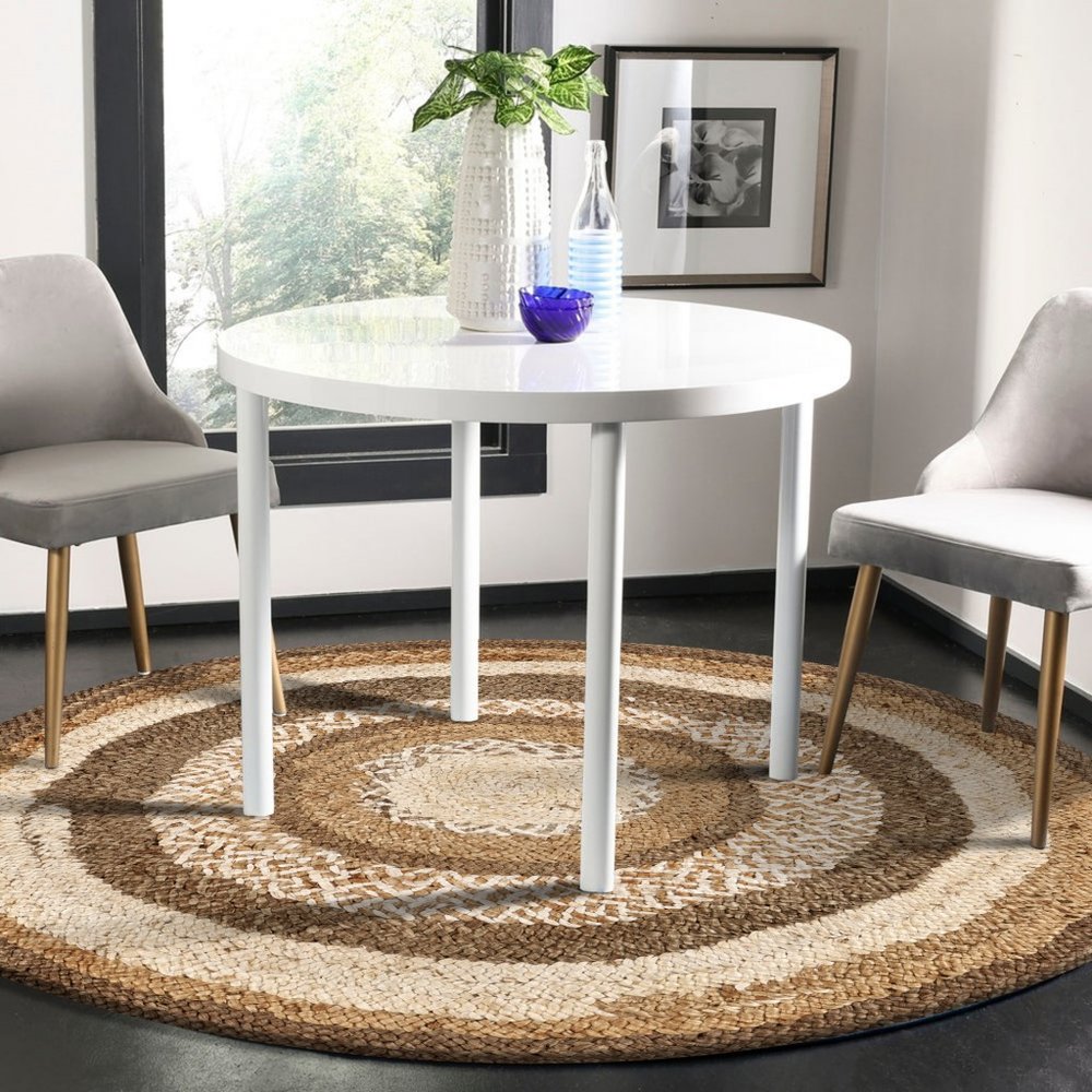 6' Beige Jute Abstract Geometric Hand Braided Round Rug