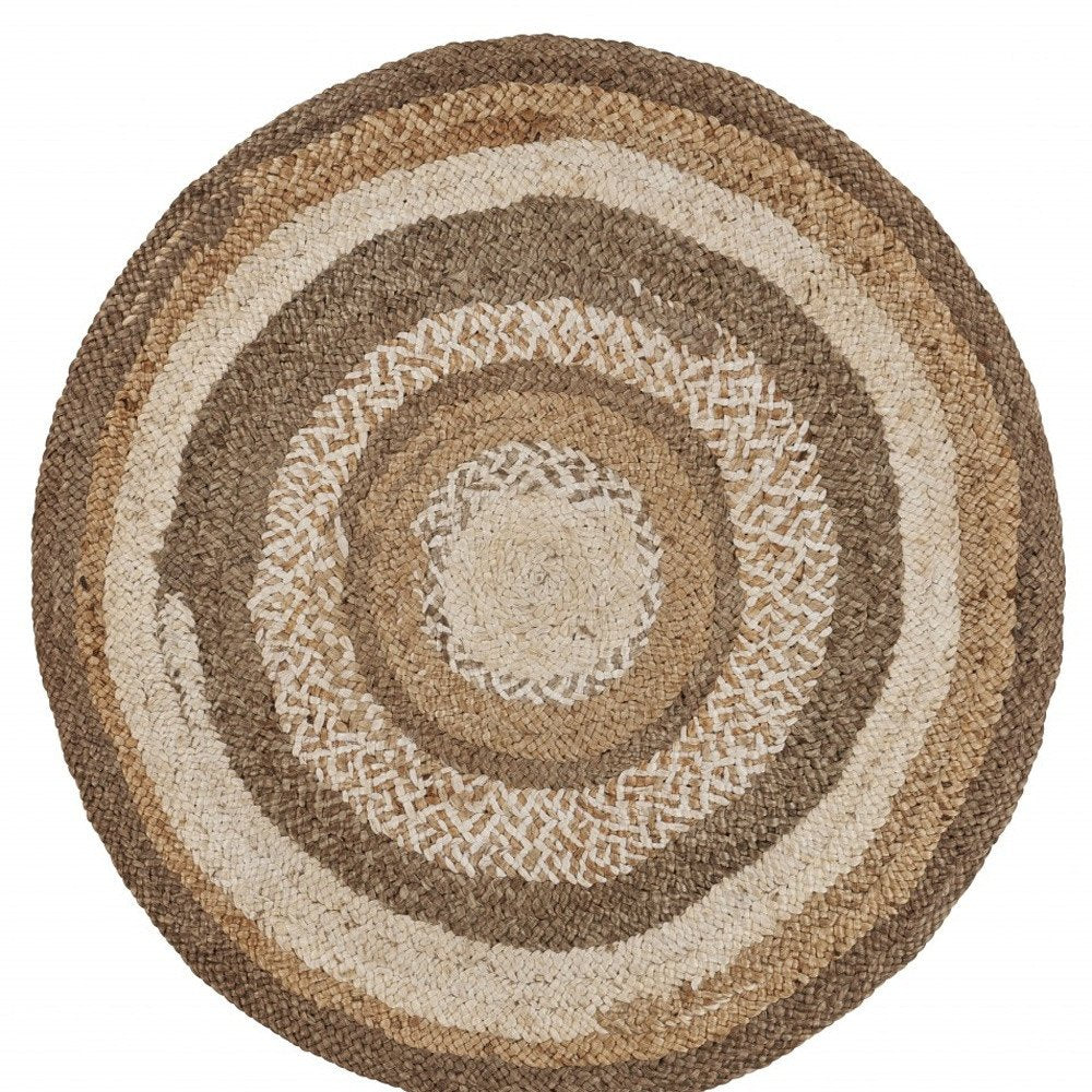 6' Beige Jute Abstract Geometric Hand Braided Round Rug