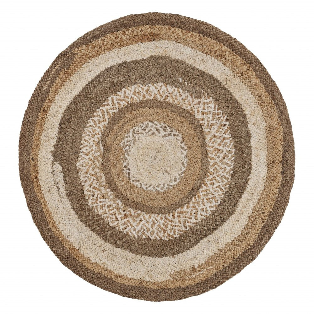 6' Beige Jute Abstract Geometric Hand Braided Round Rug