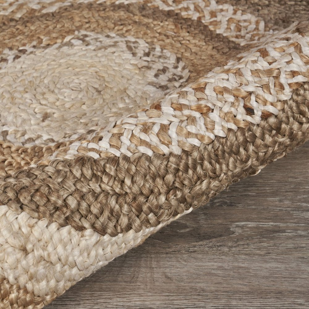 6' Beige Jute Abstract Geometric Hand Braided Round Rug