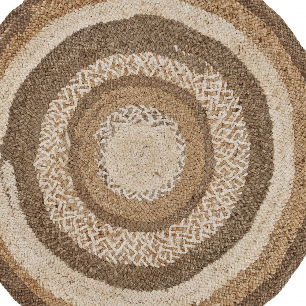 6' Beige Jute Abstract Geometric Hand Braided Round Rug