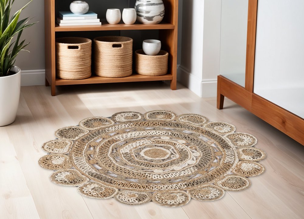 5' X 5' Beige Jute Abstract Geometric Hand Braided Area Rug