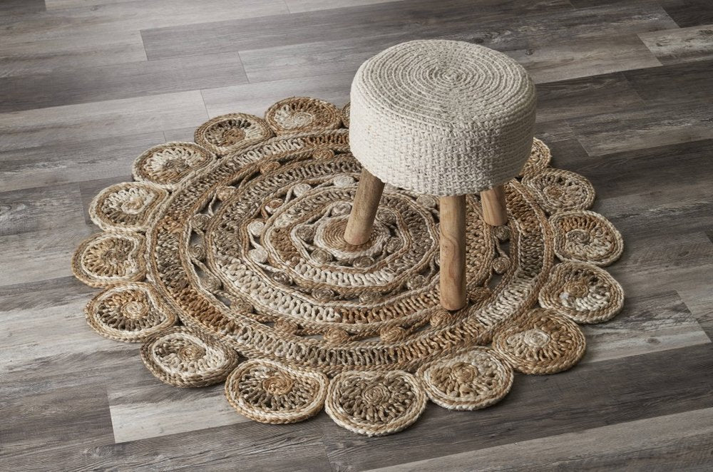 5' X 5' Beige Jute Abstract Geometric Hand Braided Area Rug