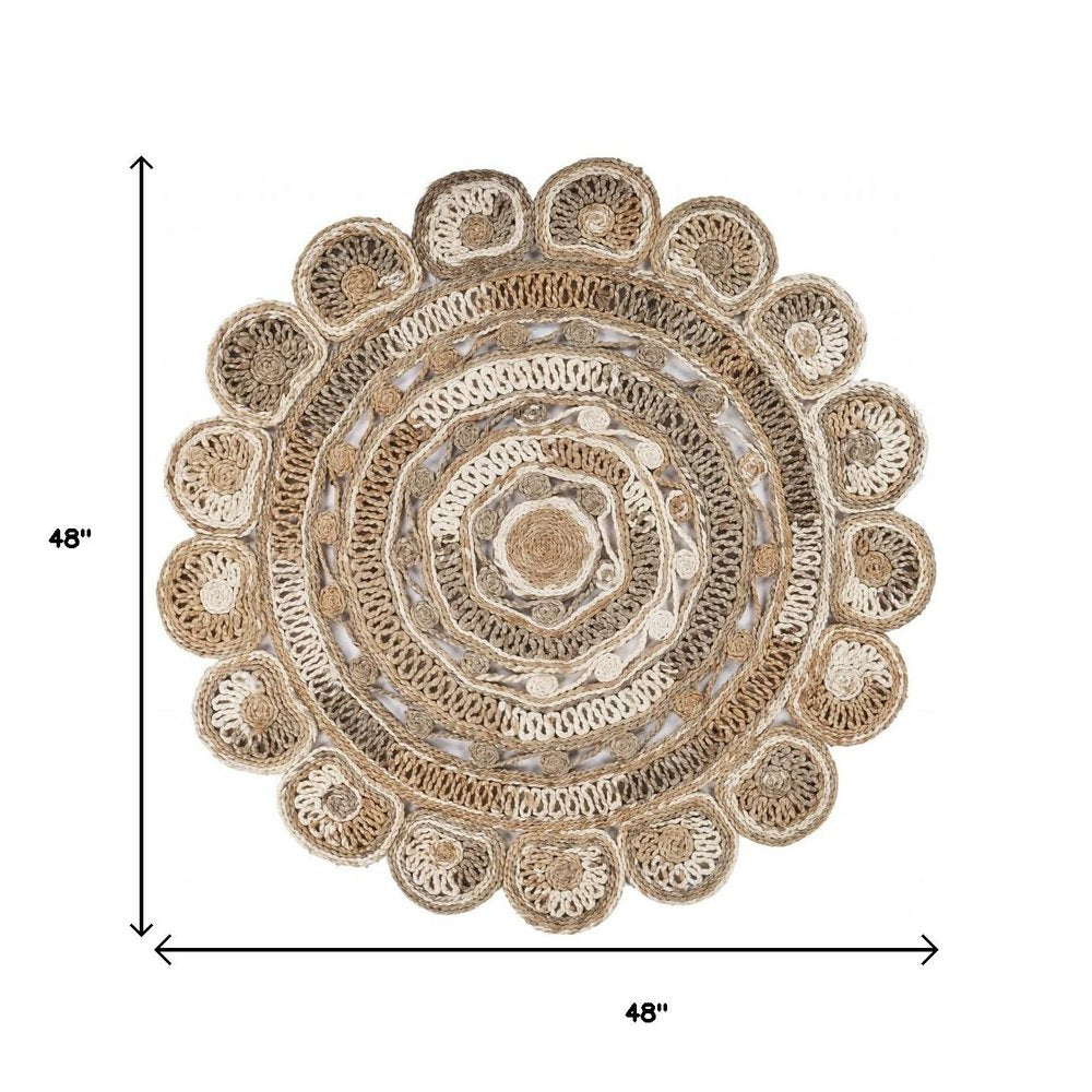 5' X 5' Beige Jute Abstract Geometric Hand Braided Area Rug