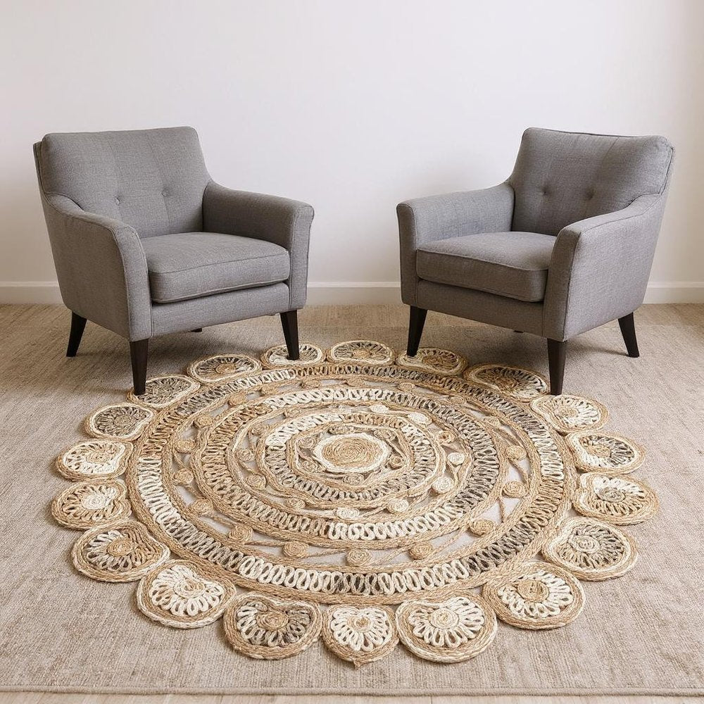 5' X 5' Beige Jute Abstract Geometric Hand Braided Area Rug