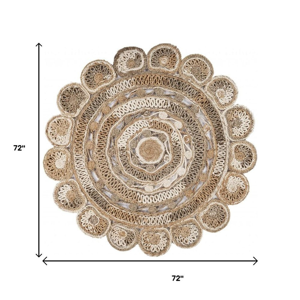 5' X 5' Beige Jute Abstract Geometric Hand Braided Area Rug