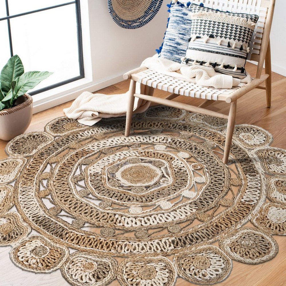 5' X 5' Beige Jute Abstract Geometric Hand Braided Area Rug