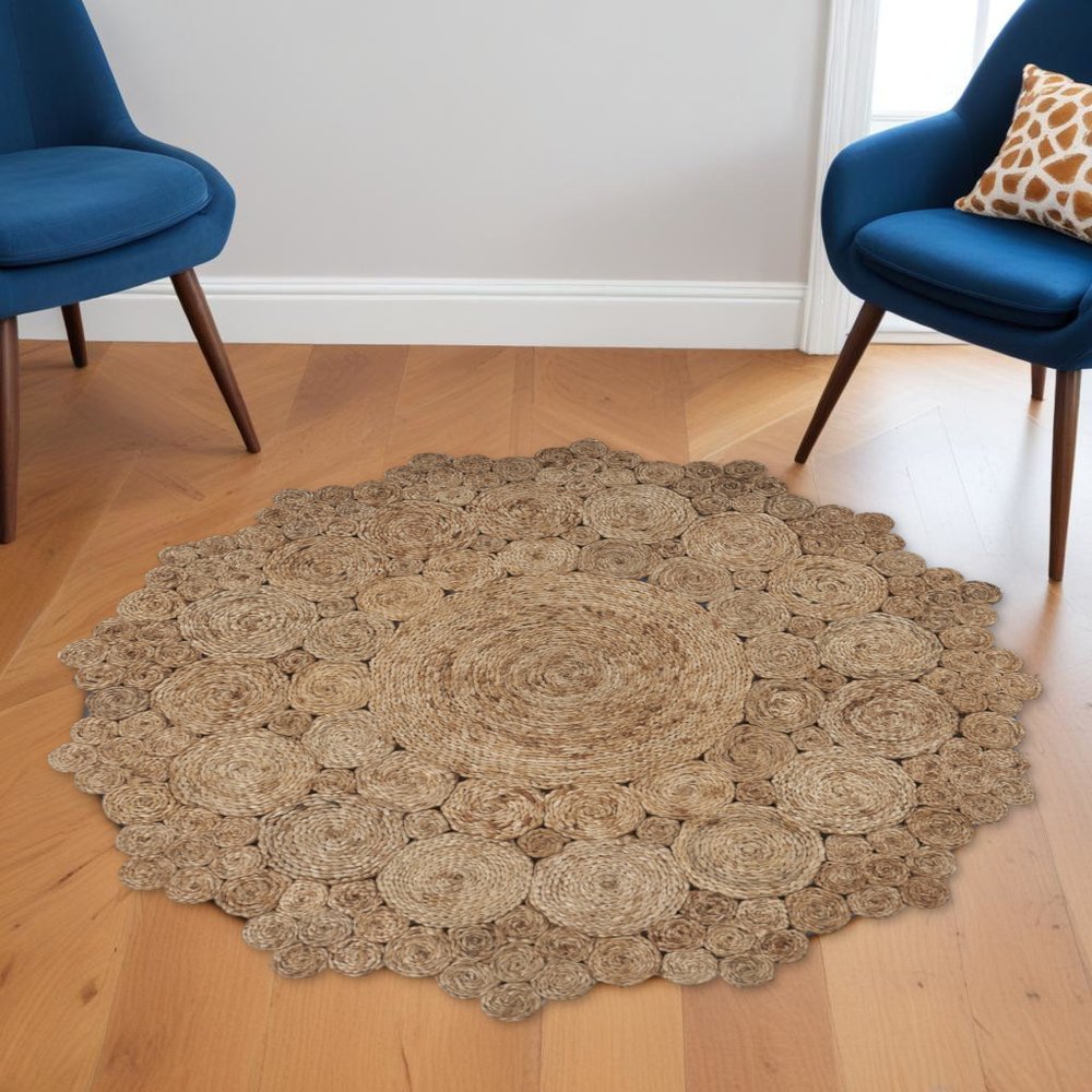 5' X 5' Natural Jute Abstract Geometric Hand Braided Area Rug