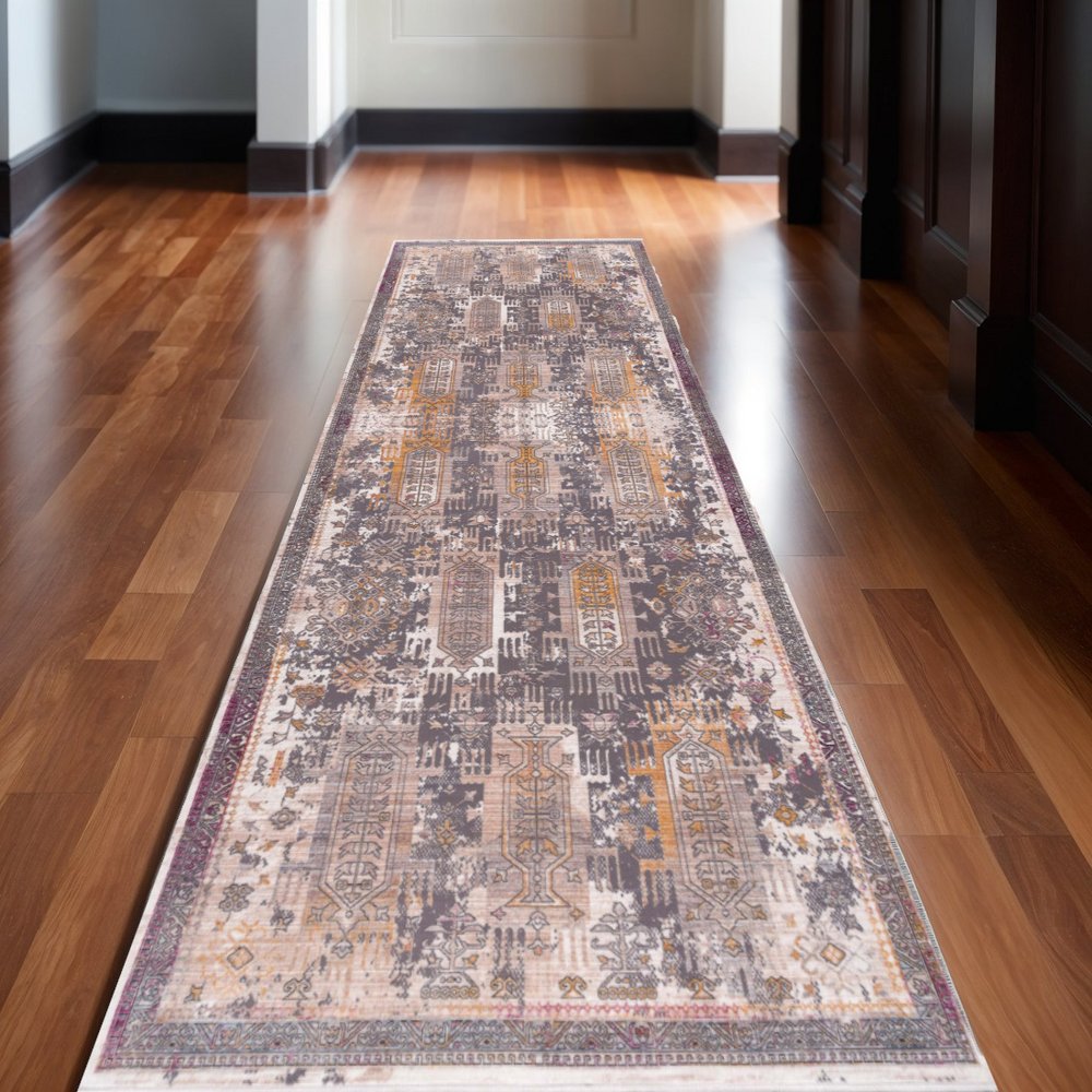 10' Gray And Ivory Oriental Runner Rug